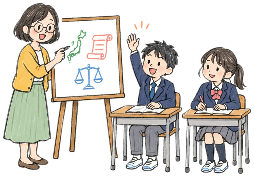 先生がホワイトボードで説明し、中学生が手をあげて学んでいるイラスト